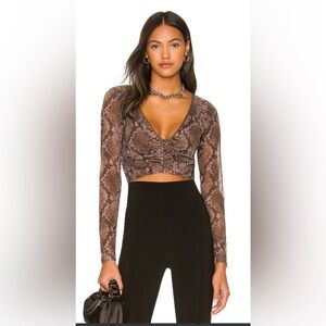 h:ours From Revolve Minju Snake Print Ruched Crop Top with Long Sleeves. Size S